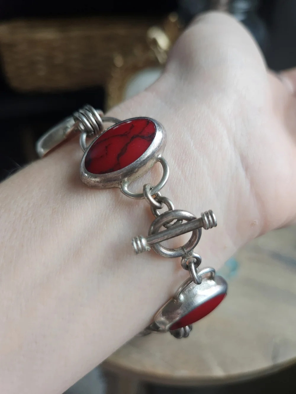 Vintage Red Jasper Sterling Bracelet Stamped Mexico 925 Link Women - Picture 7 of 10